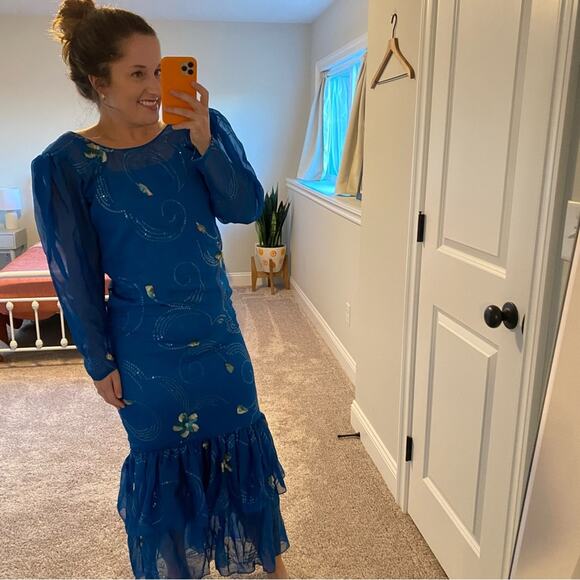 Vintage Handmade Blue Embellished Long Sleeve Mermaid Maxi Gown Small - Picture 2 of 15